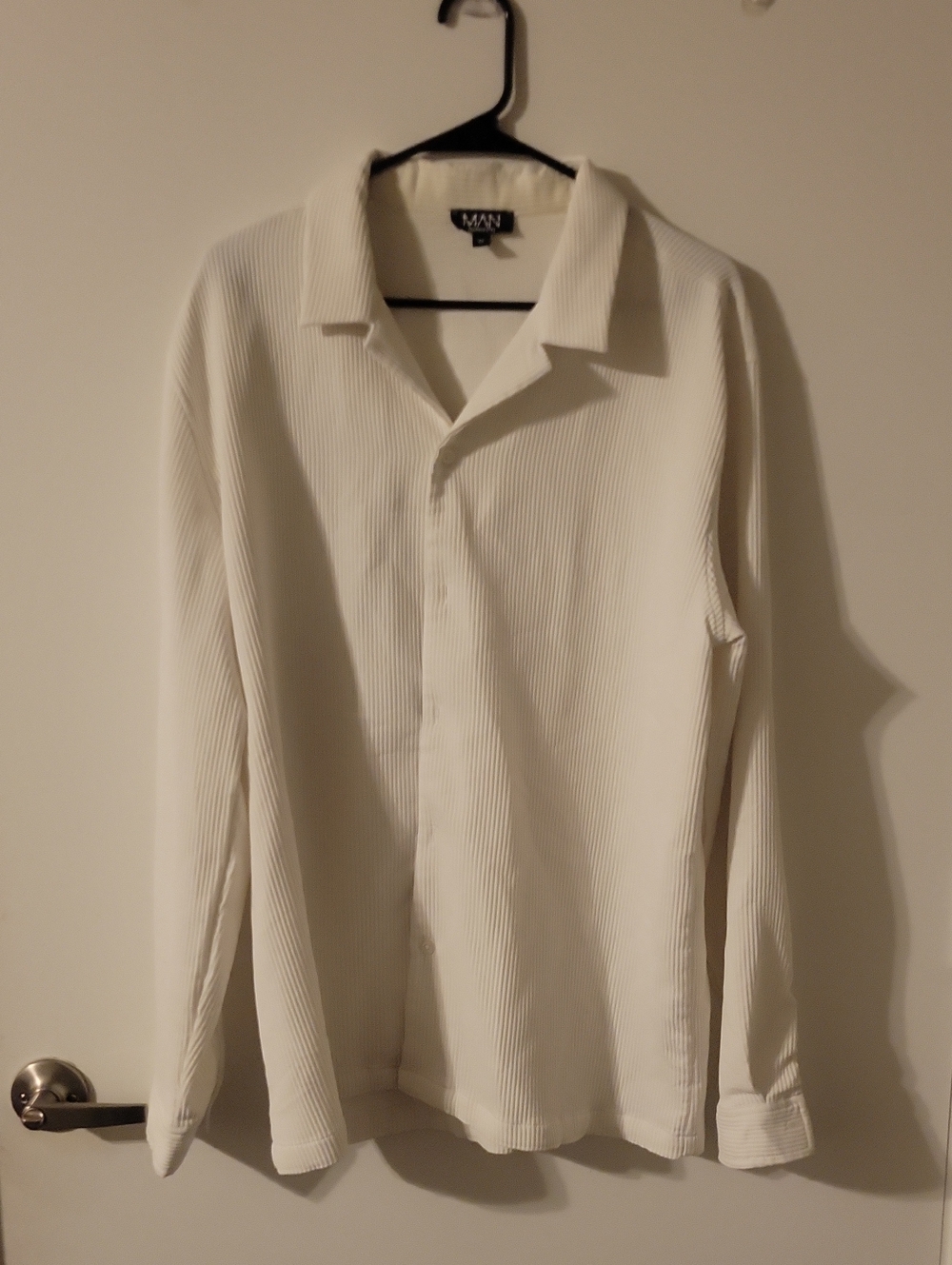 Boohoo Mens White Ribbed Long-Sleeve Button-Down Shirt